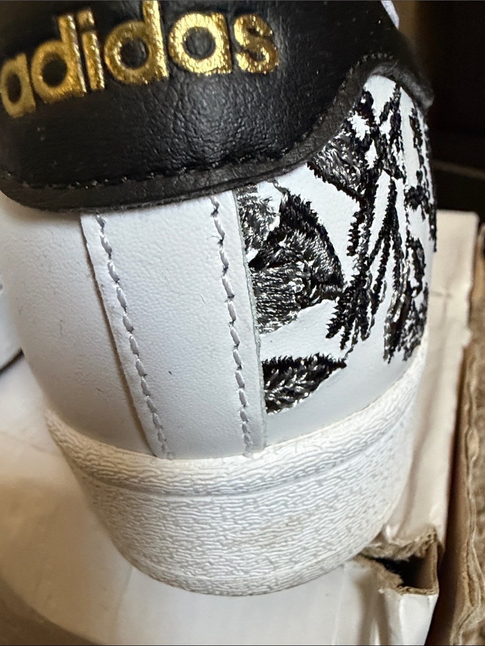 adidas White Leather Sneakers with Black Stripes & Floral Detail - Picture 7 of 12